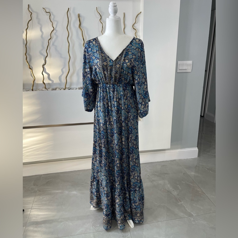Elegant Blue and Gold Paisley Maxi Dress